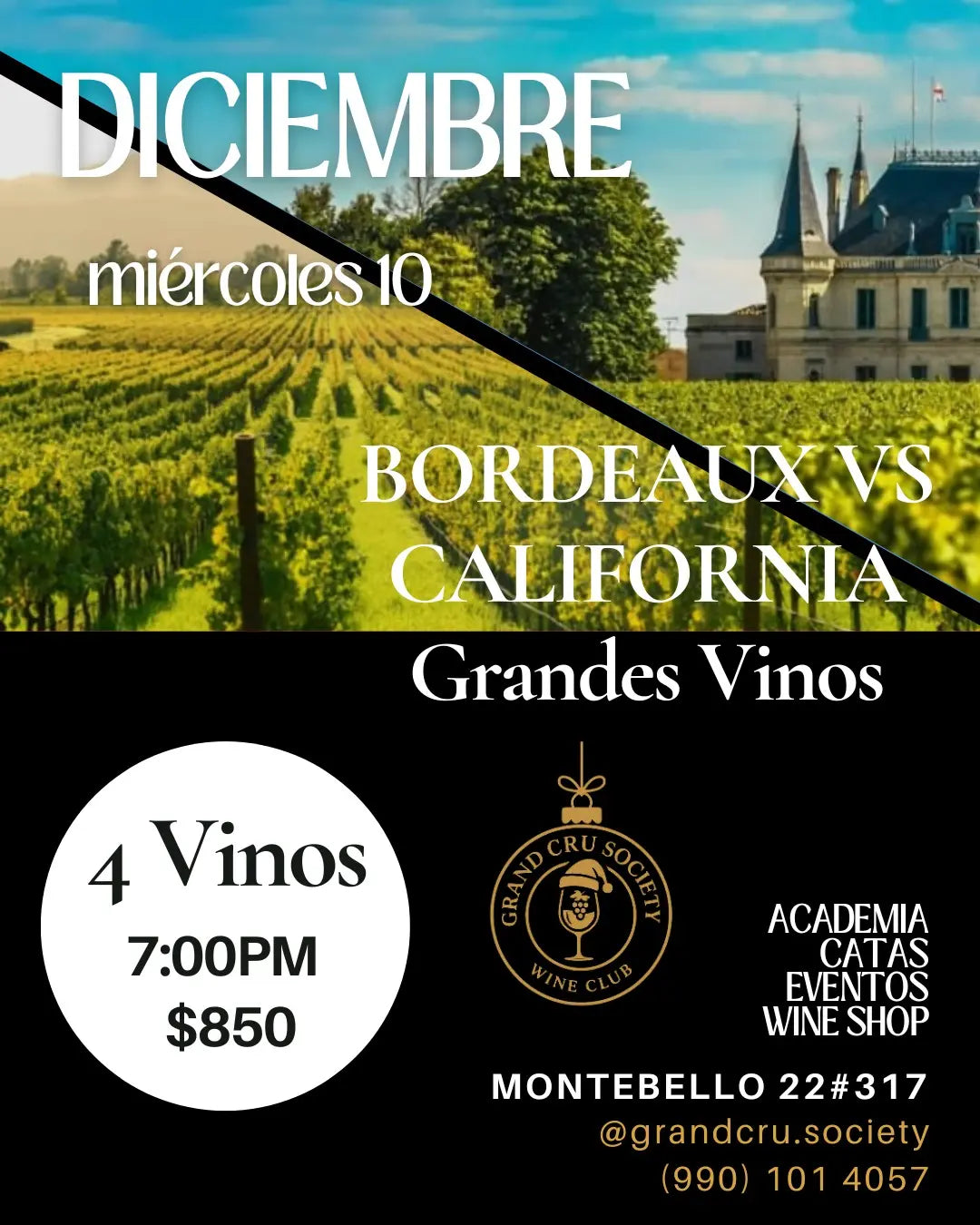 Miércoles 10 de diciembre  – Bordeaux VS California Grandes Vinos